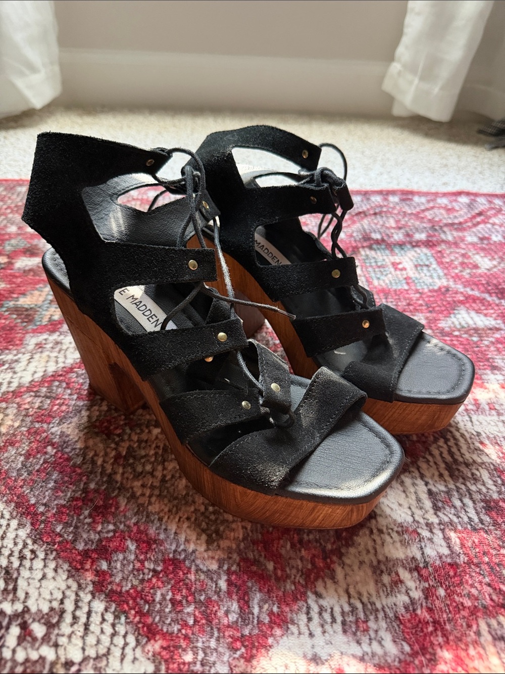 Steve Madden Black Suede Lace-Up Platform Sandals with Wood-Effect Heel